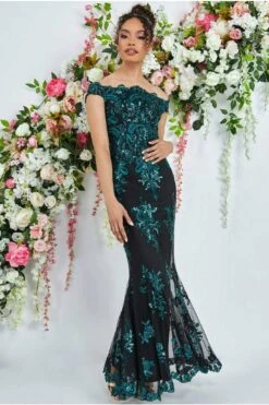 Goddiva Bardot Sequin Embroidered Maxi Dress - Emerald Green -Liquorish || Yumi Shop hK703H1S 9546