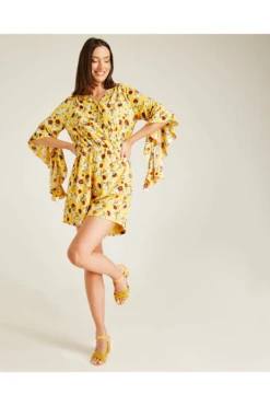 Dusty Pink Waterfall Sleeve Printed Mini Playsuit | Yellow