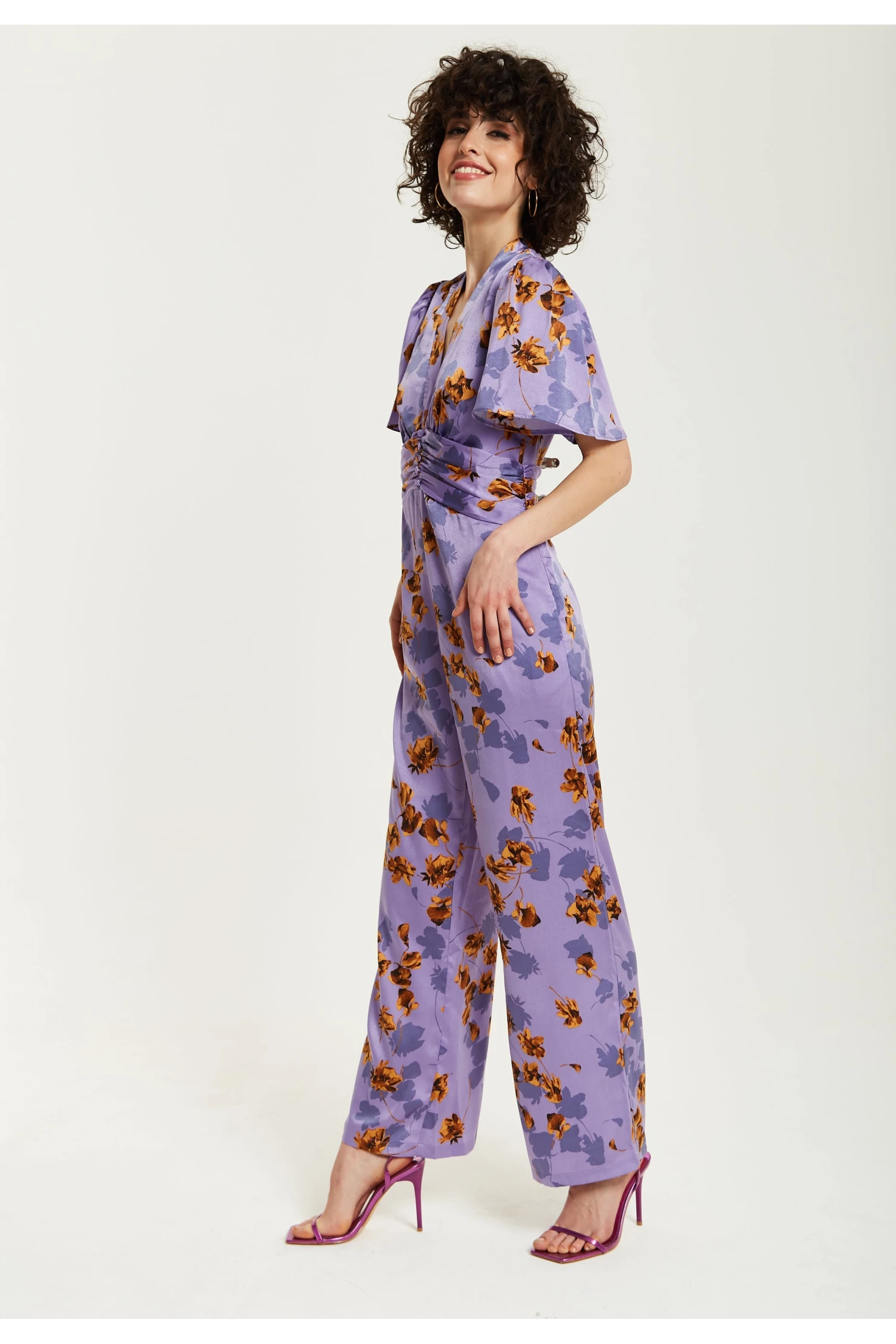Liquorish Purple Floral Wide Leg Jumpsuit With Angel Sleeves 6 Liquorish Purple Floral Wide Leg Jumpsuit With Angel Sleeves - Image 4