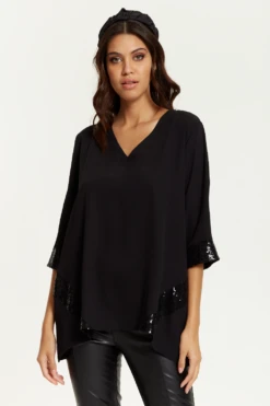 Hoxton Gal Oversize V Neck Sequin Detail Satin Top