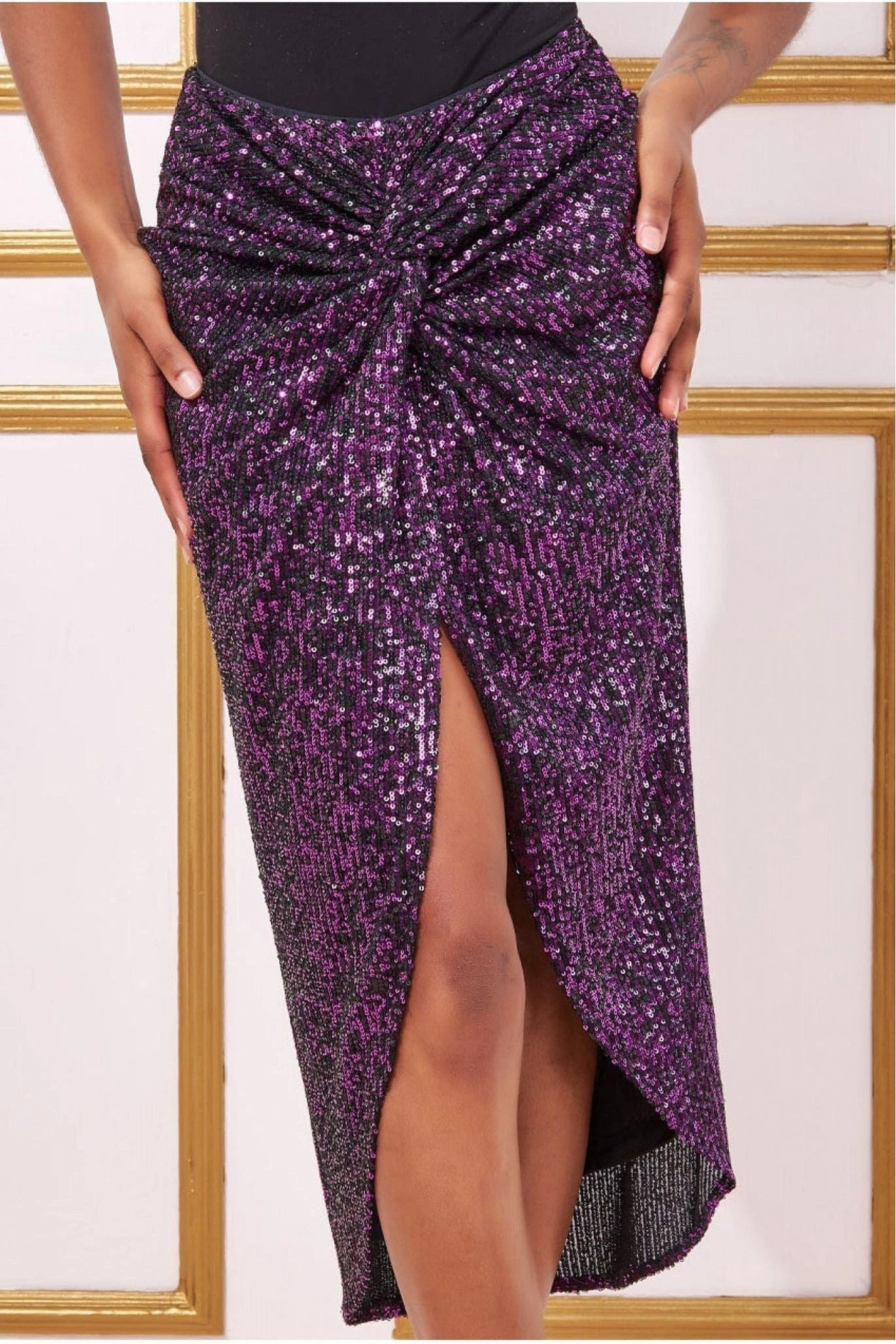 Goddiva Knot Front Sequin Midi Skirt - Purple 5 Goddiva Knot Front Sequin Midi Skirt - Purple - Image 3