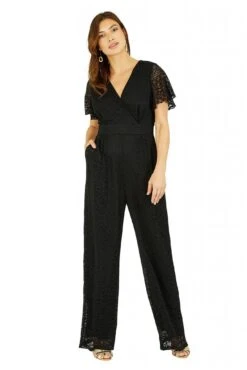 Yumi Black Angel Sleeve Lace Jumpsuit With Pockets