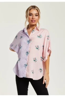 Liquorish Pink And Lilac Floral Print Shirt