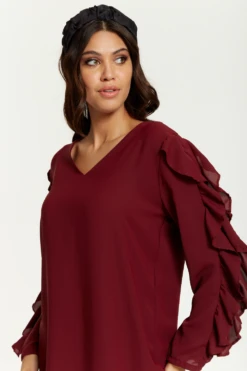 Hoxton Gal Oversized V Neck Ruffle Sleeves Tunic In Burgundy -Liquorish || Yumi Shop kJEO7bnd 13244