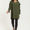 Hoxton Gal Oversized V Neck Ruffle Sleeves Tunic In Khaki