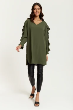Hoxton Gal Oversized V Neck Ruffle Sleeves Tunic In Khaki