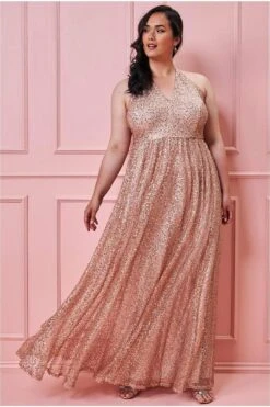 Goddiva Plus Sequin & Mesh Halter Neck Maxi - Champagne