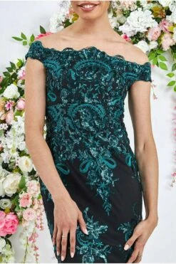 Goddiva Bardot Sequin Embroidered Maxi Dress - Emerald Green -Liquorish || Yumi Shop lWFUctej 9546