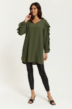 Hoxton Gal Oversized V Neck Ruffle Sleeves Tunic In Khaki -Liquorish || Yumi Shop mwv6yXbl 13243