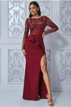 Goddiva Sequin Bodice With Front Frill Maxi - Wine -Liquorish || Yumi Shop nlu2dP4E 6508