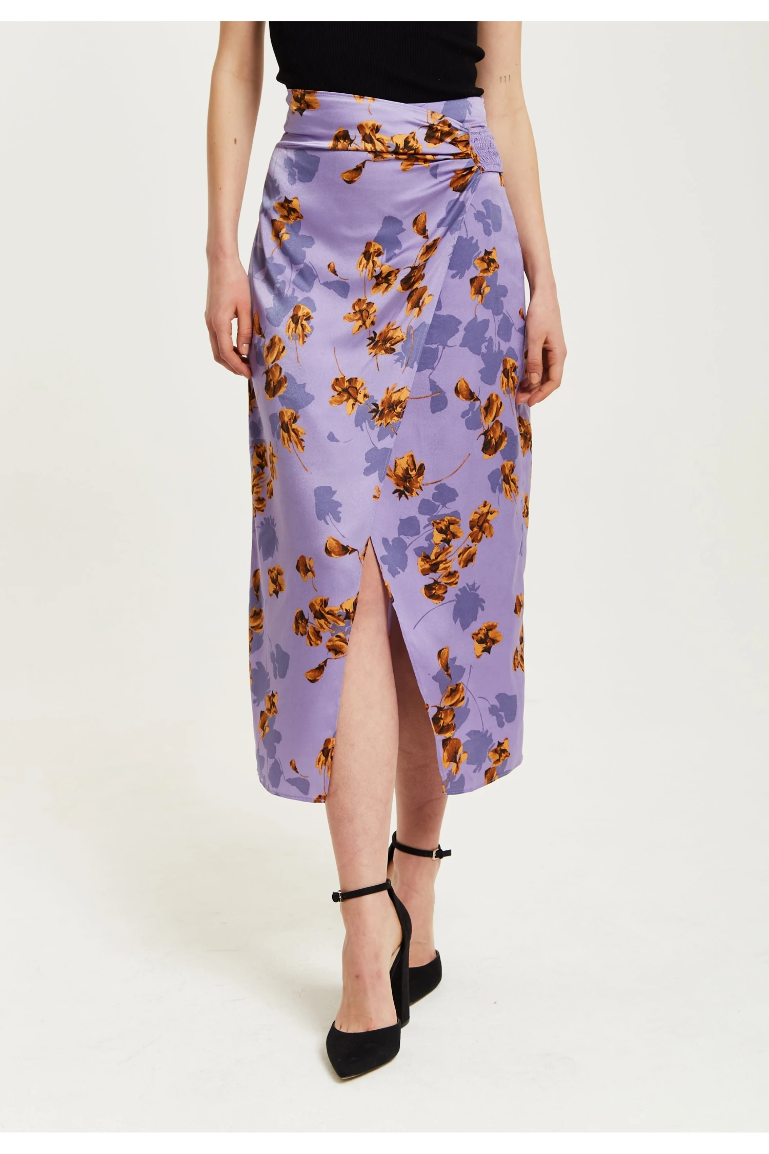 Liquorish Purple Floral Midi Skirt With Ruching Detail 3 Liquorish Purple Floral Midi Skirt With Ruching Detail