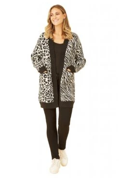 Yumi Black Zebra And Leopard Print Knitted Intarsia Cardigan
