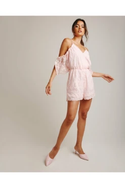 Dusty Pink Embroidered Mesh Overlay Playsuit