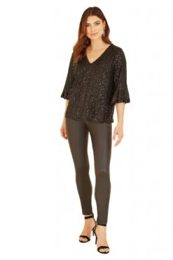 Yumi Black Sequin Top With Fluted Sleeve -Liquorish || Yumi Shop rFyK3HBl 13349