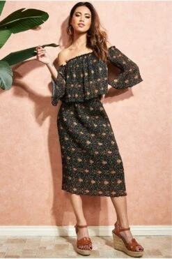 City Goddess Printed Shirred Midi Skirt - Black -Liquorish || Yumi Shop rfTmardH 9827