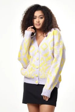 Liquorish Geometric Pattern Cardigan In Yellow And Lilac