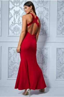 Goddiva Scallop Lace Cross Back Occasion Maxi - Red -Liquorish || Yumi Shop s92OkJx3 6399