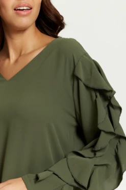 Hoxton Gal Oversized V Neck Ruffle Sleeves Tunic In Khaki -Liquorish || Yumi Shop sCCQUyRO 13243