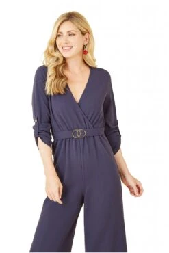 Mela London Navy Wrap Over Stretch Jumpsuit With Gold Belt -Liquorish || Yumi Shop sknNdjQY 14766