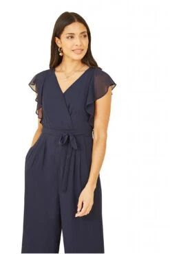 Yumi Navy Wrap Jumpsuit With Ruffle Sleeves -Liquorish || Yumi Shop snq8EyrS 14828