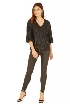 Yumi Black Sequin Top With Fluted Sleeve