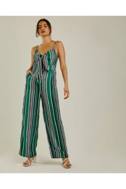 Dusty Pink Front Knot Vertical Striped Jumpsuit | Green