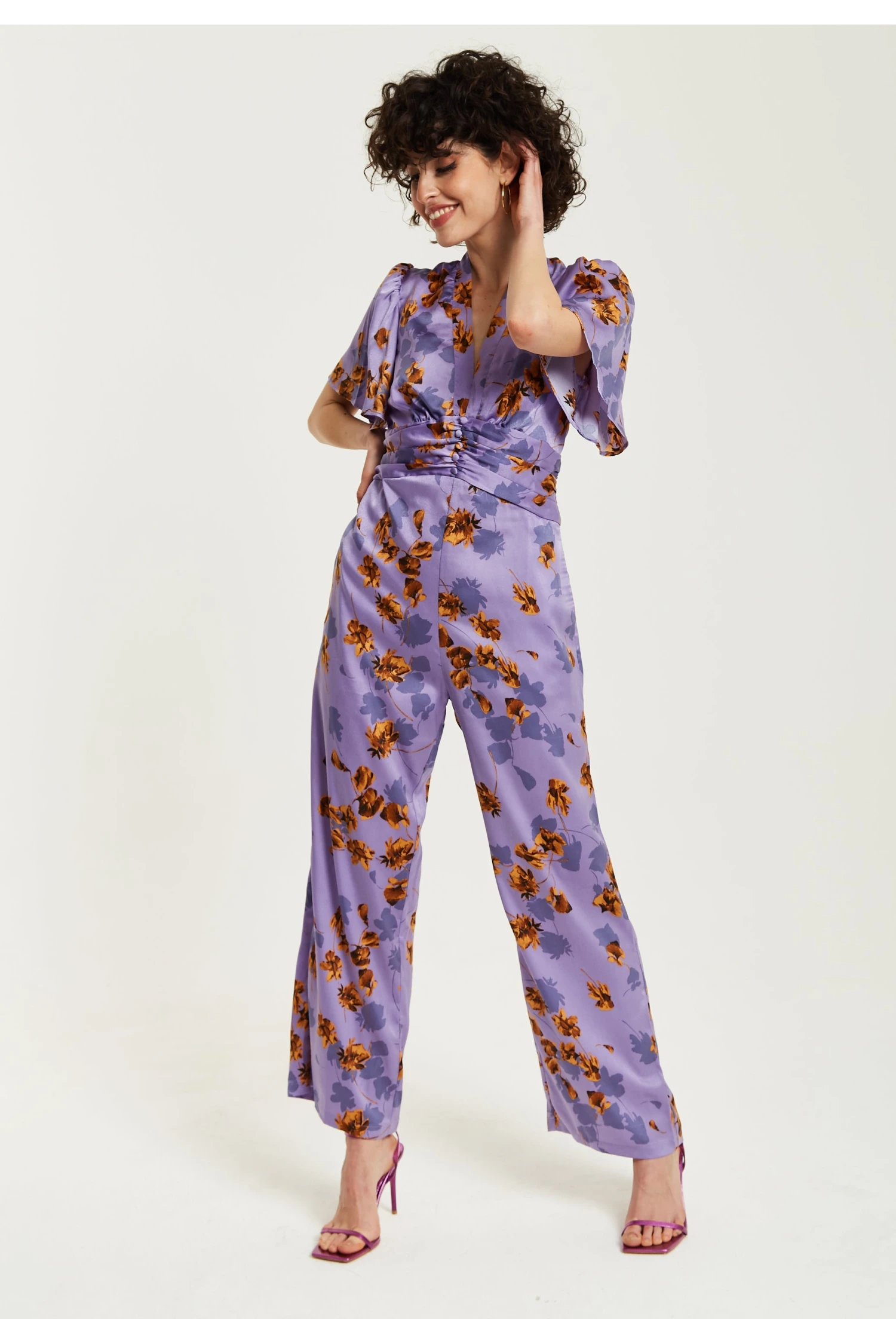 Liquorish Purple Floral Wide Leg Jumpsuit With Angel Sleeves 5 Liquorish Purple Floral Wide Leg Jumpsuit With Angel Sleeves - Image 3