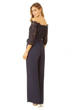 Yumi Navy Lace Bardot 3/4 Sleeve Jumpsuit -Liquorish || Yumi Shop u40TORMr 14841