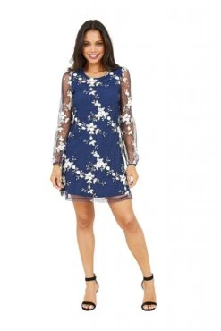 Yumi Navy Embroidered Lace Mesh Tunic