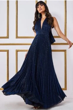 Goddiva Plunge Halterneck Sequin Lurex Maxi - Navy