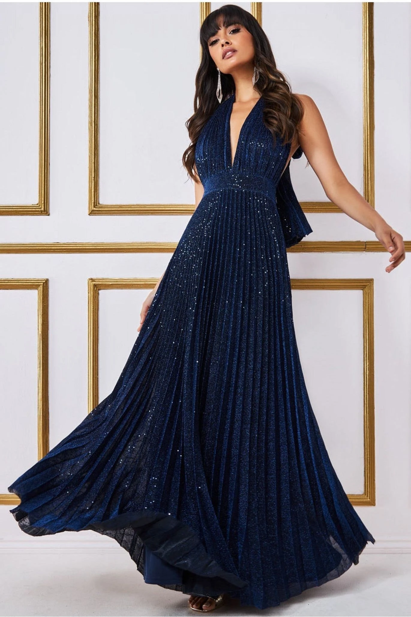 Goddiva Plunge Halterneck Sequin Lurex Maxi - Navy 3 Goddiva Plunge Halterneck Sequin Lurex Maxi - Navy