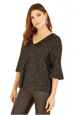 Yumi Black Sequin Top With Fluted Sleeve -Liquorish || Yumi Shop wPodFJ18 13349
