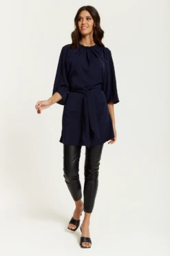 Hoxton Gal Tie Waisted Ruffle Neck Tunic With 3/4 Sleeve