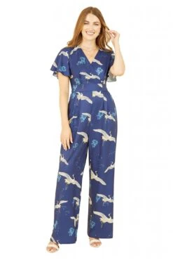 Yumi Navy Crane Print Angel Sleeve Jumpsuit