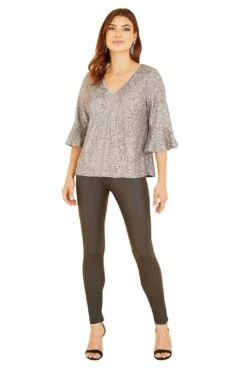Yumi Silver Sequin Top With Fluted Sleeve -Liquorish || Yumi Shop yDZGwreq 13348