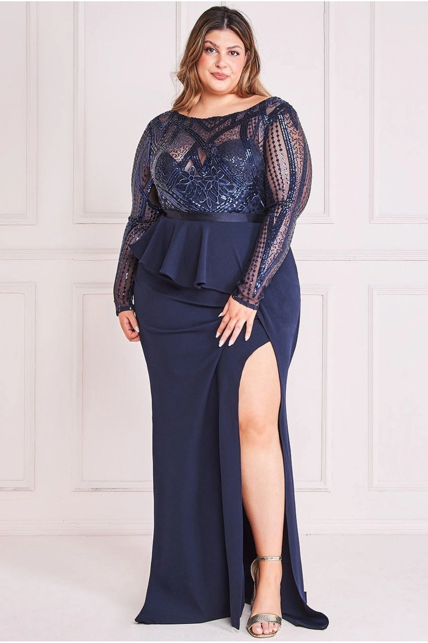 Goddiva Plus Sequin Bodice With Front Frill Maxi - Navy 3 Goddiva Plus Sequin Bodice With Front Frill Maxi - Navy