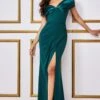 Goddiva Satin & Scuba Off The Shoulder Maxi Dress - Emerald -Liquorish || Yumi Shop yVYzvCNU 13725